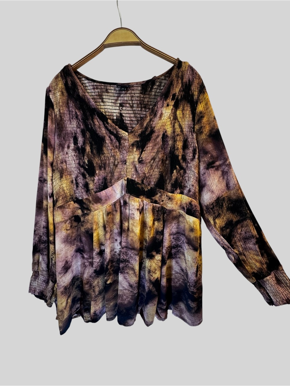 Torrid Women’s Tie Dye Babydoll Crinkle Gauze Top Smocked Long Sleeve Boho 3X